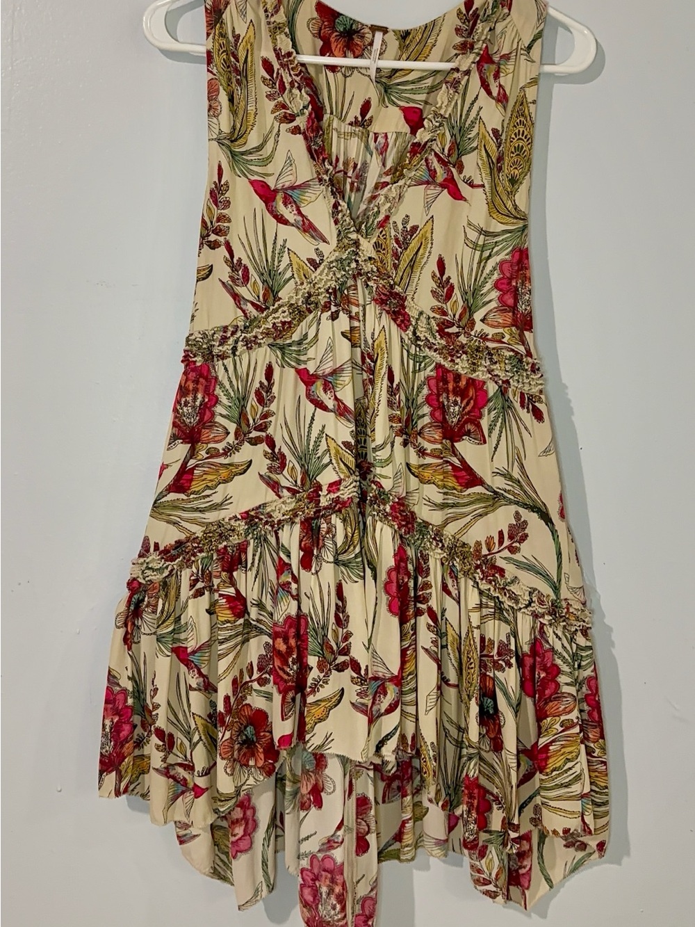 Free People Cream Mini Dress with Red Floral & Green Foliage Print